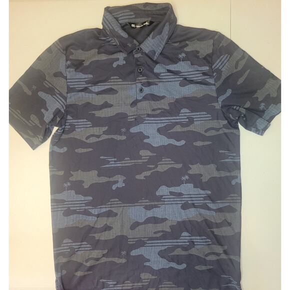 Travis Mathew Polo Shirt Mens Medium Blue Gray Camo Palm Tree Golf Performance - Picture 2 of 9